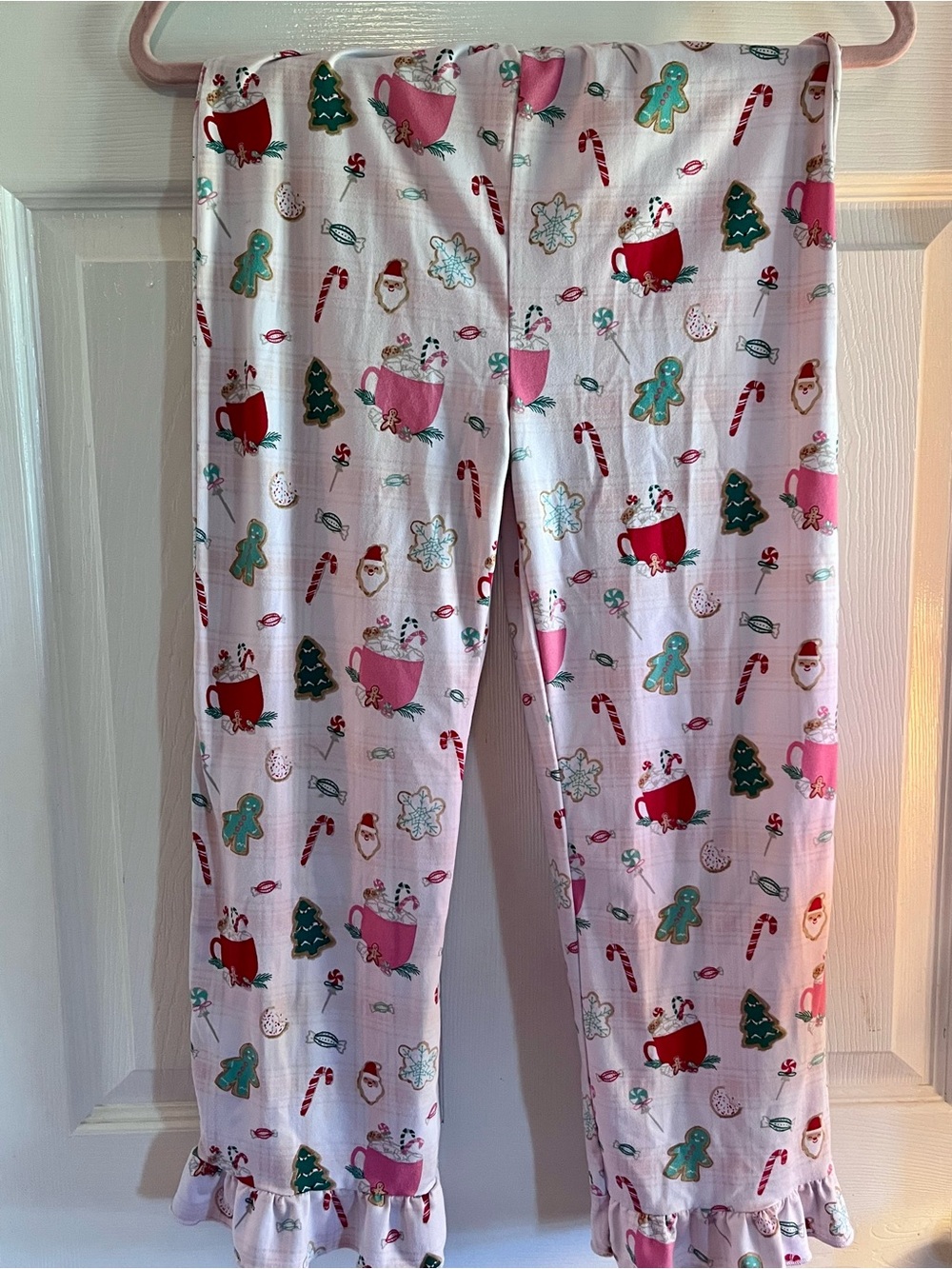 Girls Pink Holiday Print Pajama Bottoms with Ruffled Hem